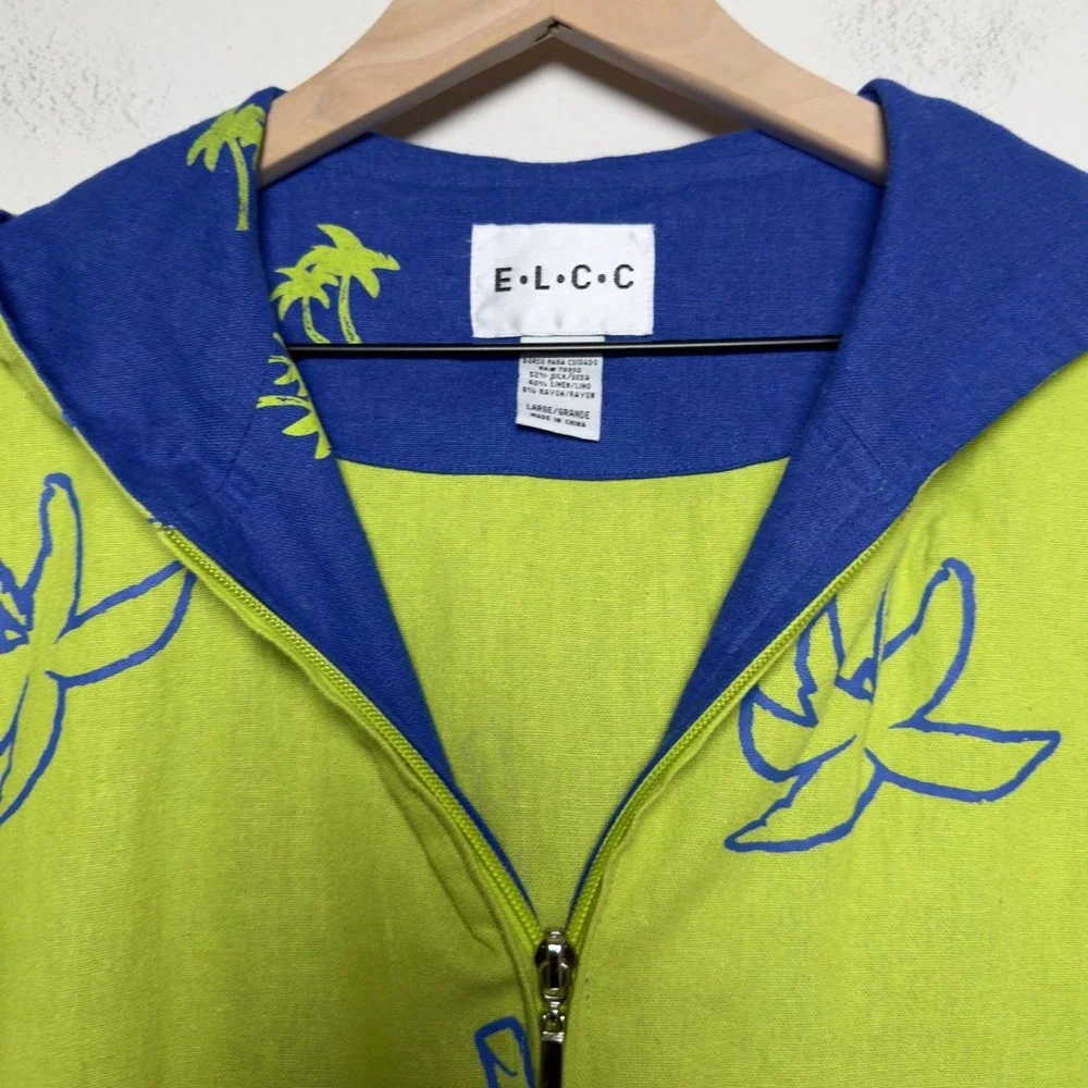 Women Silk Linen Zip Up Hoodie Large Lime Green Palm Tree Tropical Jacket Resort
